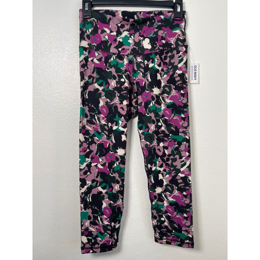 Old Navy Active Core Go-Dry High Rise Leggings Purple Green Floral Camo Medium